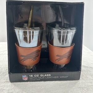 Buffalo Bills NFL 16oz Glass Tumbler Set w/ Faux Leather Wrap & Straw NEW